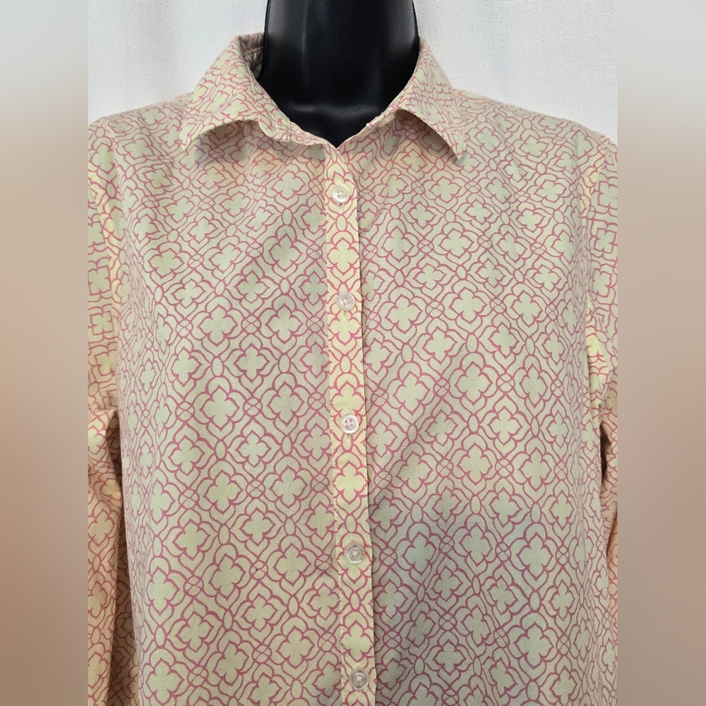 Lands' End Blouse - Pink Pale Yellow Pattern Baumwolle No Iron Supima Size 12 P - Picture 5 of 12